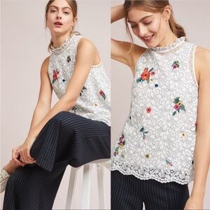 Anthropologie Maeve Sz 8 Macie Top White Lace Floral Sleeveless blouse sequins